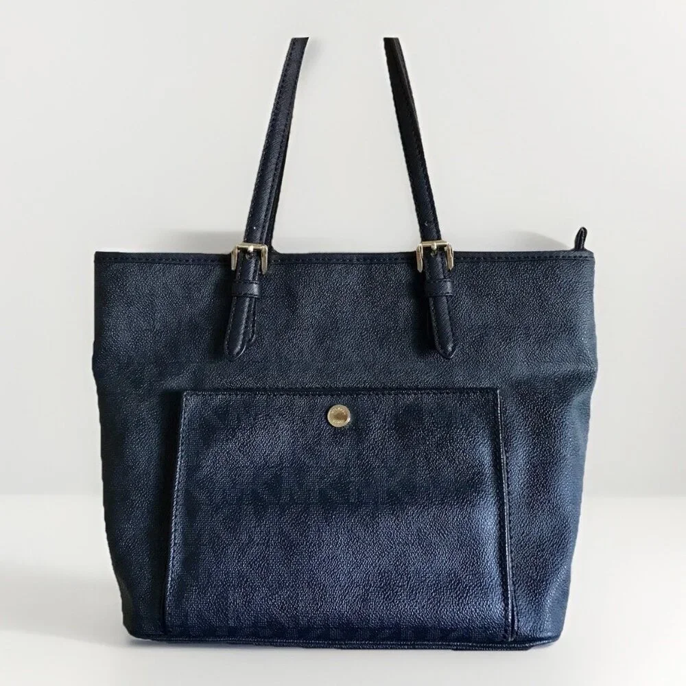 Michael Kors Jet set signature large‎ snap pocket tote Authentic Blue monogram